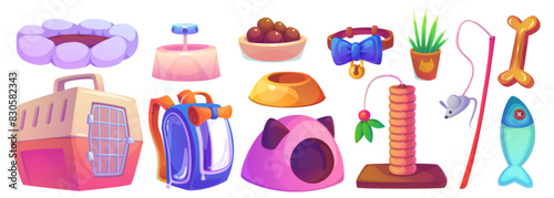 Petshop goods collection. Cartoon vector illustration set of food, accessories and and toys for domestic dogs and cats - carrying bags and collar, pet home and bed, bowl for feeding and water.