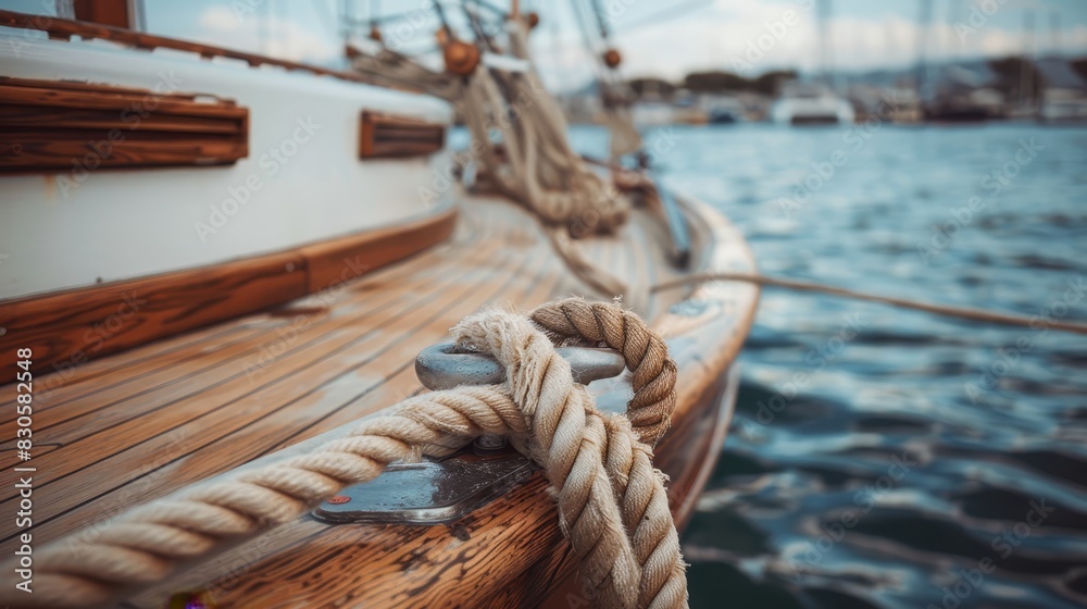 Obraz premium A tight shot of a boat's mooring rope, nestled by the vessel in the water Surrounding scenery includes distant boats and an expansive body of water Cloud