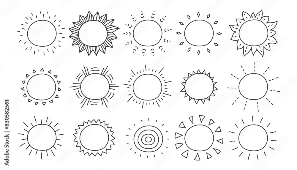 Sun cartoon doodle icons set. Hand drawn black line sunny symbols. Outline circle frames with sunbeams. Isolated vector illustration Sun cartoon doodle icons set. Hand drawn black line sunny symbols. Outline circle frames with sunbeams. Isolated vector illustration