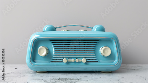 A radiant sky blue vintage radio set on a white background on cement floor texture - concrete texture - old vintage grunge texture design - large image in high resolution.  photo