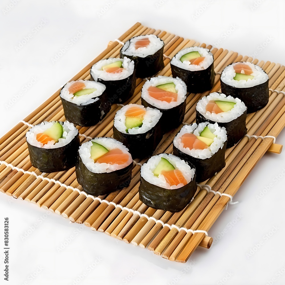 Fresh sushi on a bamboo mat against a white background Fresh sushi on a bamboo mat against a white background