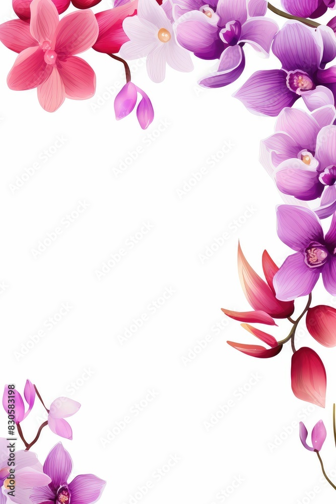 orchid themed frame or border for photos and text. featuring exotic blooms in purple and pink hues. watercolor illustration, Perfect for nursery art, simple clipart, single object, white background.