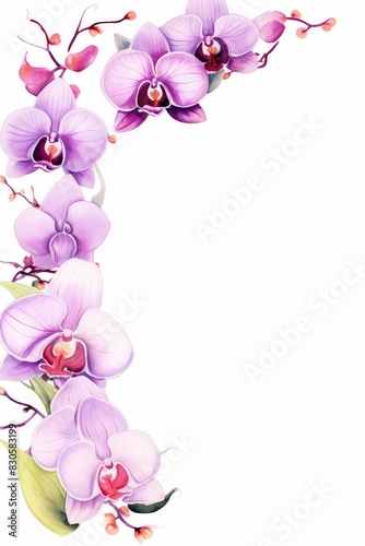 orchid themed frame or border for photos and text. featuring exotic blooms in purple and pink hues. watercolor illustration  Perfect for nursery art  simple clipart  single object  white background.