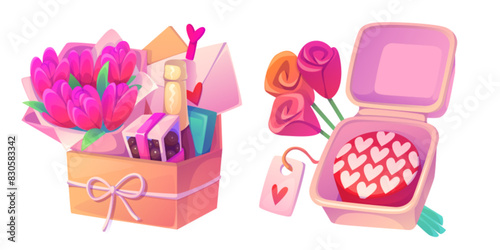 Valentine Day romantic gift boxes with candies and cake, champagne or wine bottle and flowers bouquet. Cartoon vector set of wrapped present with sweet desserts, confectionery and love greeting card.