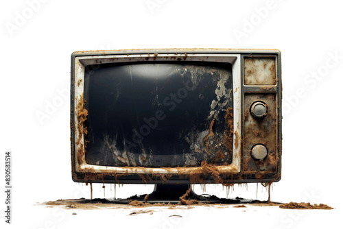 The Forgotten Relic: A Vintage Television Abandoned on a Pile of Earth on White or PNG Transparent Background. photo