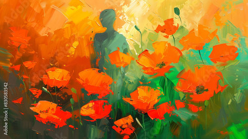 Oil artwork with a hidden figure amidst vivid orange poppies and lush green background, photo