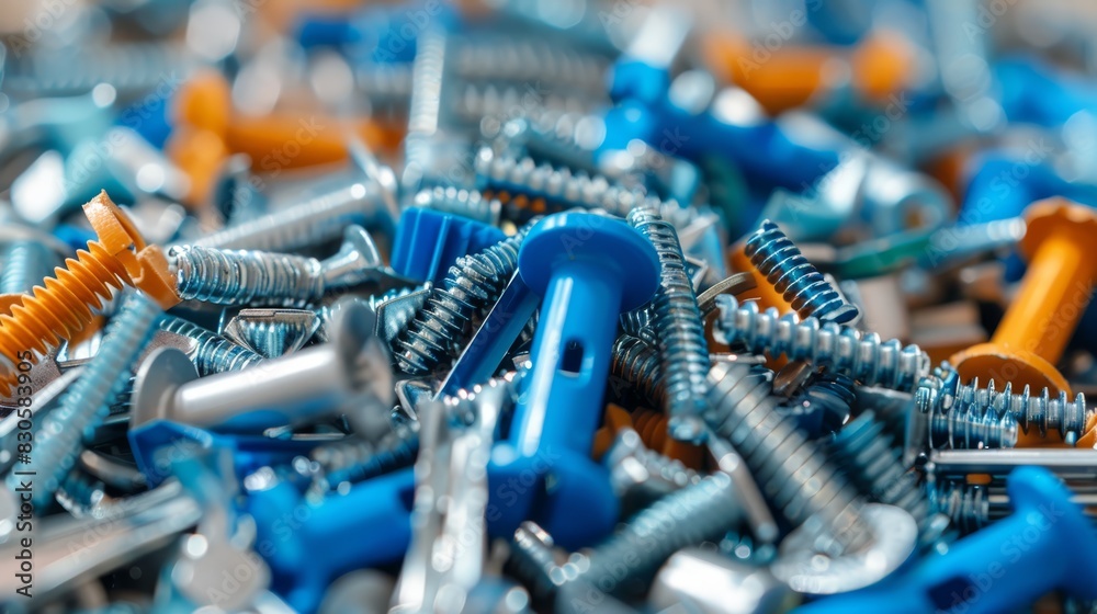 A stack of diverse screws and nuts with a single blue-and-orange ...