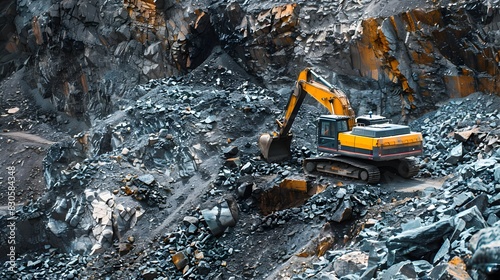 Excavator Operating in Rugged Quarry Terrain for Repurposing Mining Waste