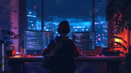 Coder Working on Startup Website Before Deadline in Nighttime City Skyline