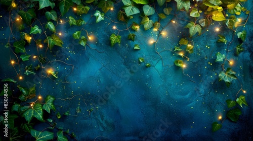  A painting of a blue background features green leaves Fairy lights hang from its sides, and the top sides present a dark blue surface