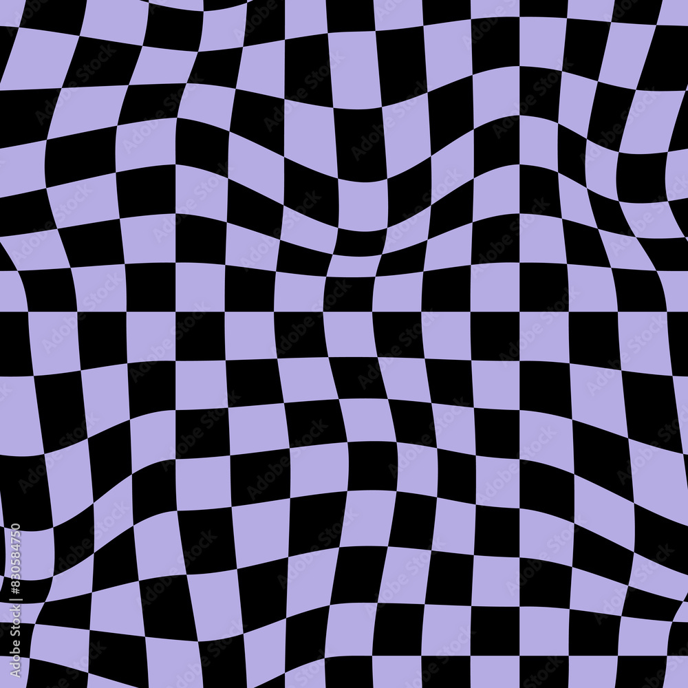 Obraz premium Psychedelic checkerboard background. Wavy vector illustrations, trendy psychedelic style and groovy color checkerboard.