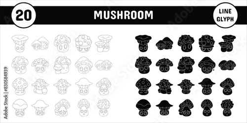 Mushroom Line Glyph Vector Illustration Icon Sticker Set Design Materials