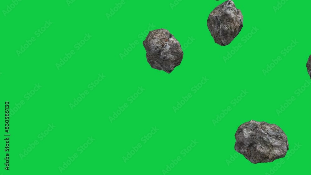 Realistic animation of asteroids field, space rock floating loop animation on green screen background