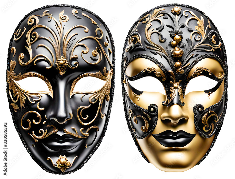 Two black and golden Venetian masks, male and female versions Two black and golden Venetian masks, male and female versions
