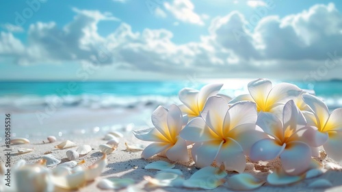 A beautiful banner with a closeup of frangipani flowers on the beach © worawut