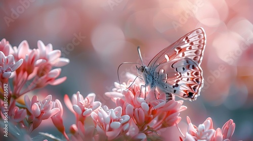 Beautiful butterfly on a pink flower with a blurred background, in the style of copy space concept for spring and summer season banner Pastel colored background