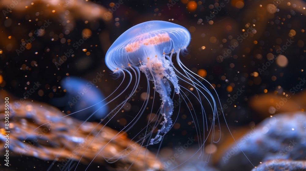 Fototapeta premium A tight shot of a jellyfish hovering above clear water, surrounded by bubbles at the surface and bottom