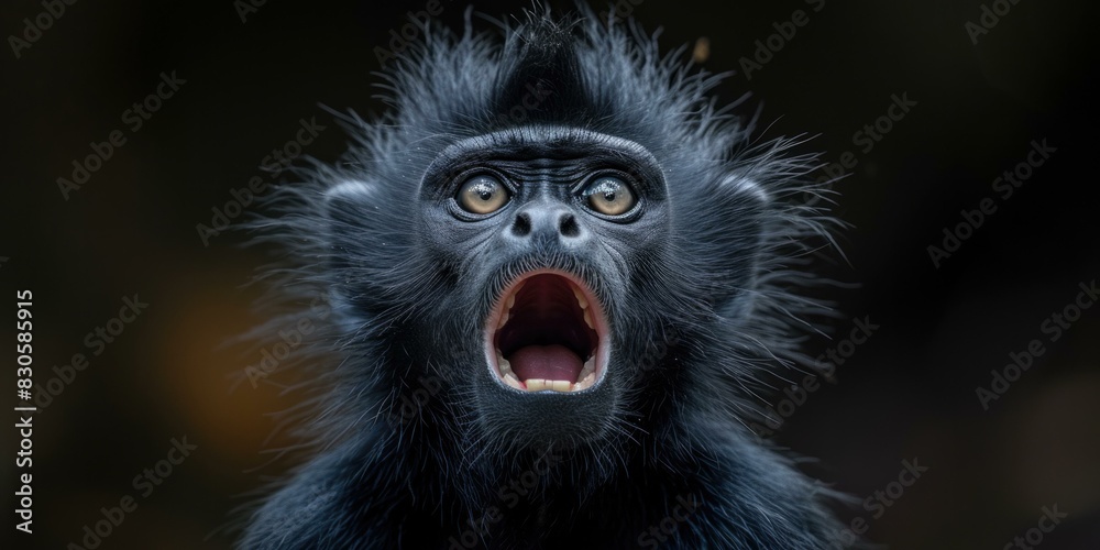 Fototapeta premium A black monkey with its mouth wide open. AI.