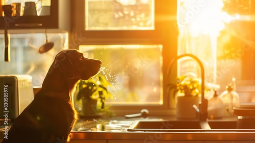 Dog drinking water in the kitchen, refreshing moment, morning light close up, focus on, copy space Double exposure silhouette with kitchen elements photo