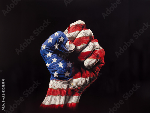 American, US clutched fist visualising the power and freedom of the country, a hand painted in the flag of the United States of America visualising liberty and democracy.