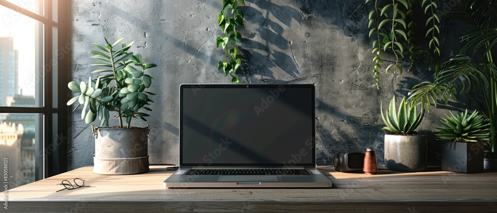 A blank laptop screen on a sleek modern desk, ready for your website design or digital artwork A blank laptop screen on a sleek modern desk, ready for your website design or digital artwork