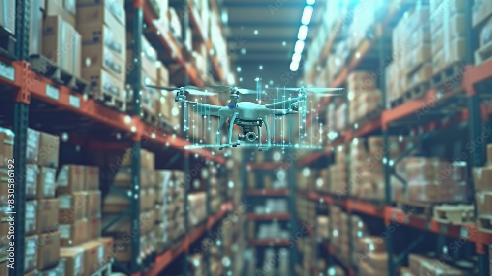 A drone flying through a warehouse, conducting inventory management with advanced scanning technology among shelves of stacked boxes.
A drone flying through a warehouse, conducting inventory management with advanced scanning technology among shelves of stacked boxes.