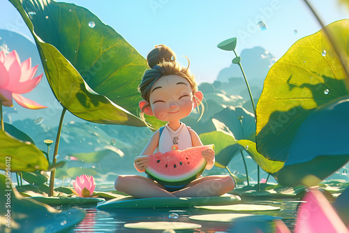 Cartoon Style Summer Children Sitting on Lotus Leaves Eating Watermelon - Illustration of the Beginning of Summer Theme photo