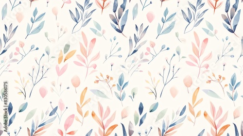 Hand-drawn seamless pattern of pastel-colored leaves and small flowers  creating a whimsical and fresh aesthetic