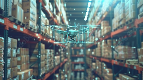 A drone flying through a warehouse, conducting inventory management with advanced scanning technology among shelves of stacked boxes.
