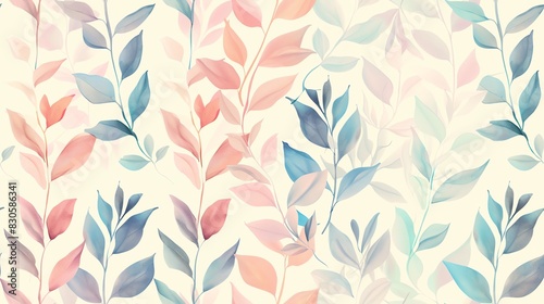 Seamless pattern of hand-drawn pastel-colored leaves and branches, creating a soft and natural design