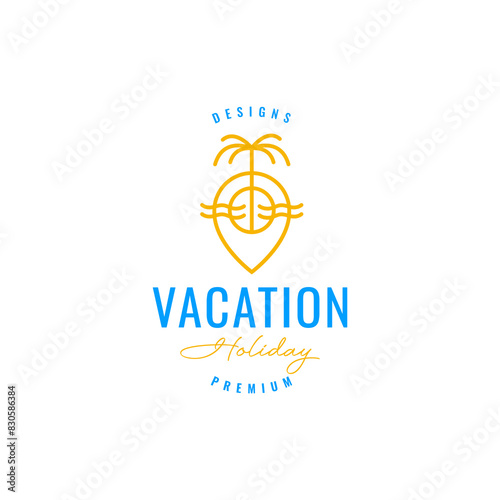 wave sunset beach vacation line logo design vector
