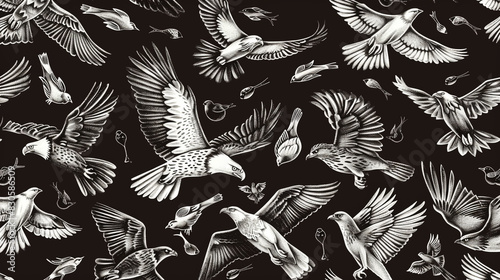 Seamless black and white doodle art of different birds in flight, from eagles to sparrows, photo