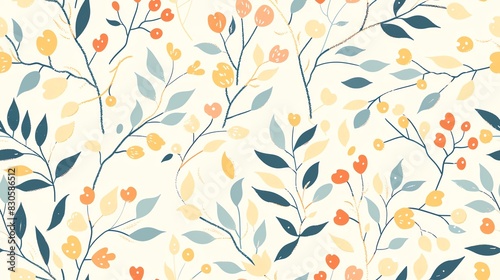 Soft pastel seamless pattern with hand-drawn leafy branches and blossoms, evoking a sense of calm and beauty