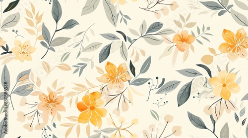 Wallpaper Mural Soft pastel-colored seamless pattern with hand-drawn leaves and blooming flowers, showcasing a harmonious and tranquil design Torontodigital.ca