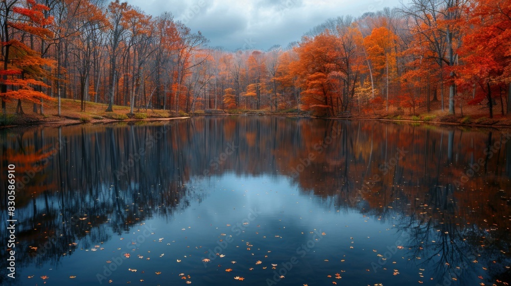 A colorful autumn landscape with a still lake reflecting the vibrant trees. AI. A colorful autumn landscape with a still lake reflecting the vibrant trees. AI.
