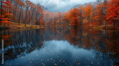 A colorful autumn landscape with a still lake reflecting the vibrant trees. AI.