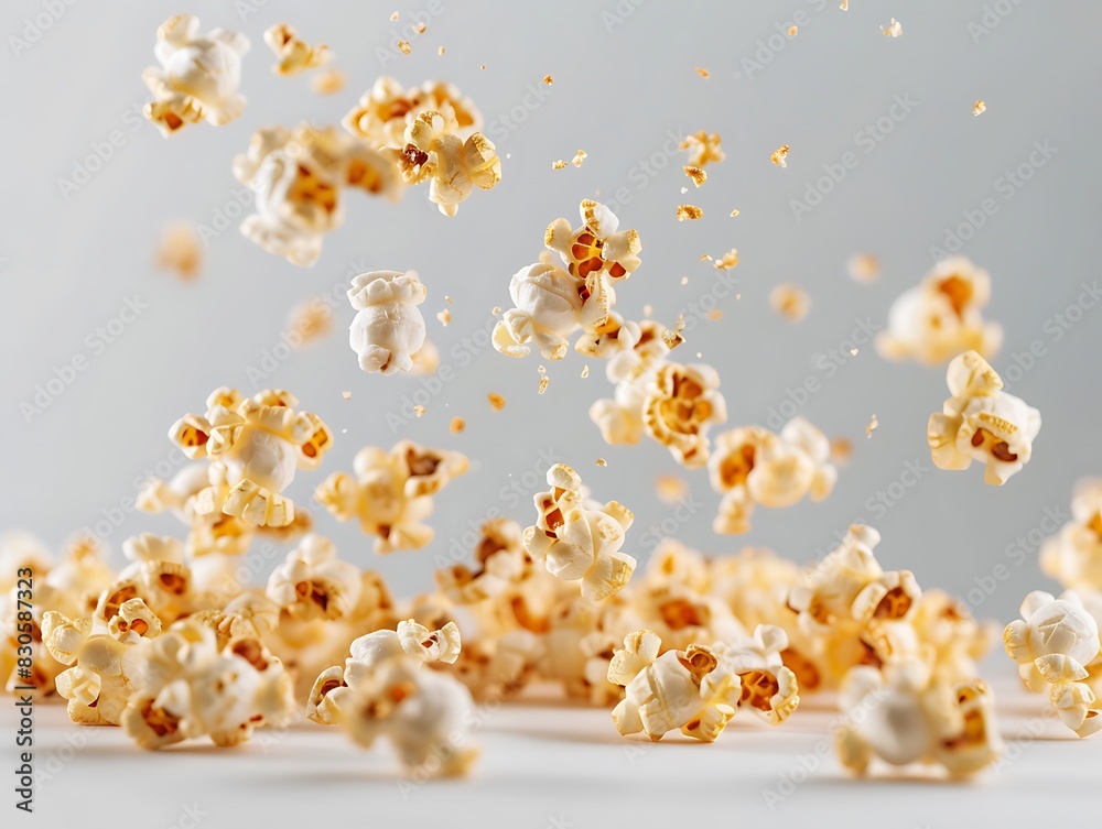 Popcorn flying against a white background Popcorn flying against a white background