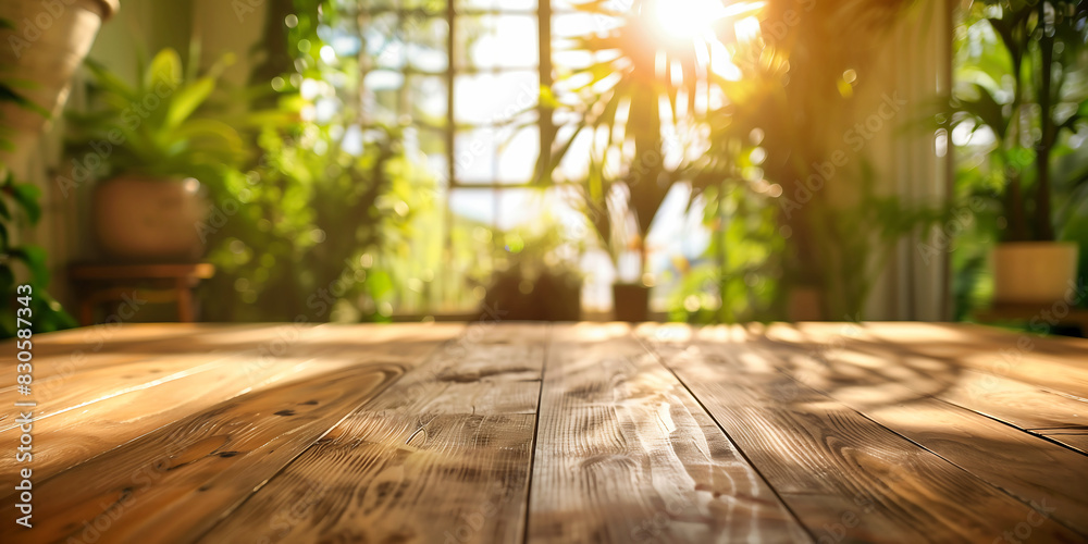 Sunlit Wooden Table in a Greenhouse with Lush Plants Sunlit Wooden Table in a Greenhouse with Lush Plants