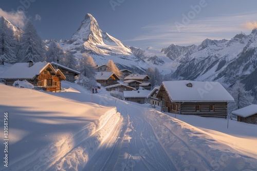 A beautiful winter landscape of a snow-covered village in the Swiss Alps. AI. photo