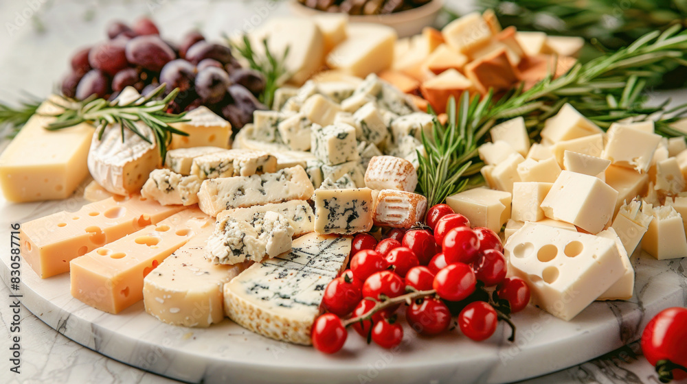 A selection of cheeses is beautifully presented on a charming wooden serving board A selection of cheeses is beautifully presented on a charming wooden serving board