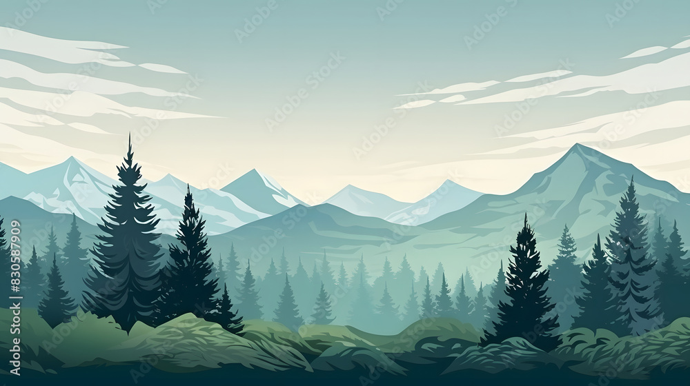 Obraz premium digital green and blue forested landscape with mountains graphics poster background