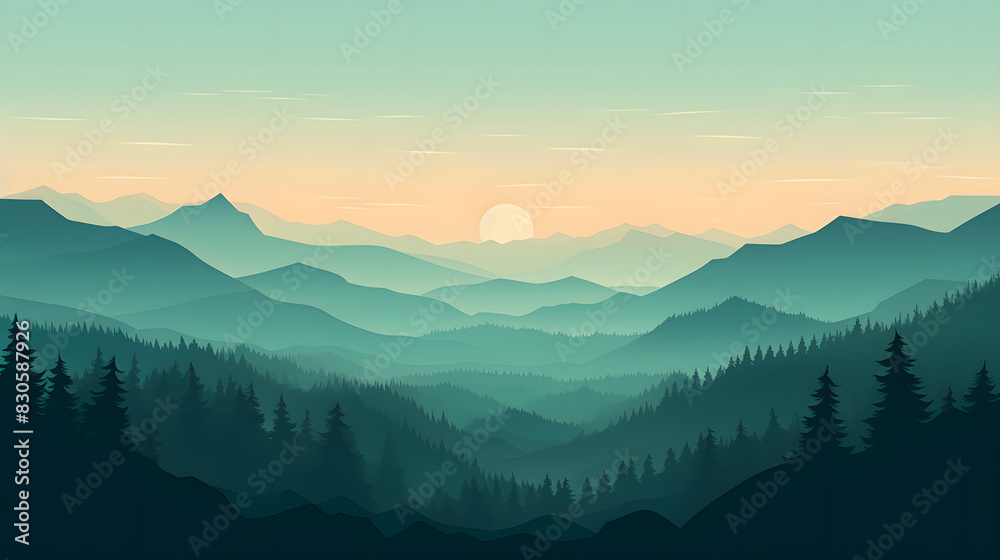 Obraz premium digital green and blue forested landscape with mountains graphics poster background