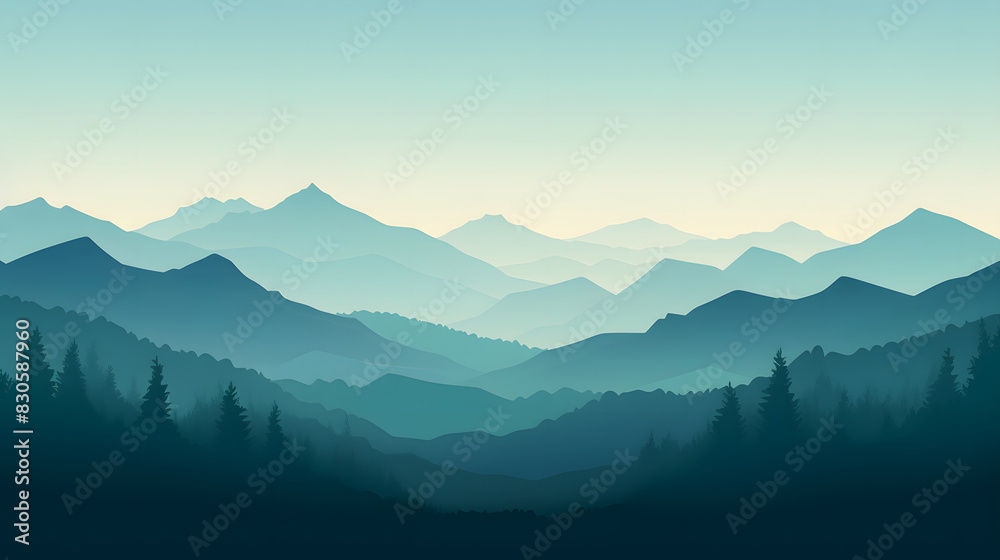 Obraz premium digital green and blue forested landscape with mountains graphics poster background