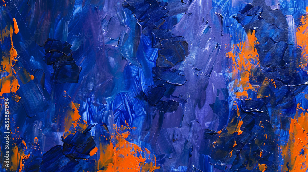 Bright orange and cobalt blue smears in an abstract acrylic painting, Bright orange and cobalt blue smears in an abstract acrylic painting,