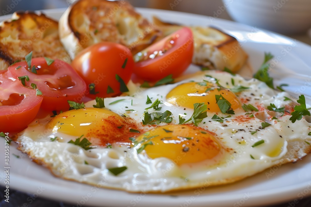 Toasted bread, fried egg and tomatoes. Breakfast or dinner. Toasted bread, fried egg and tomatoes. Breakfast or dinner.
