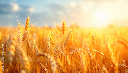 The sun shines through the wheat in the field  creating a picturesque scene of natural beauty