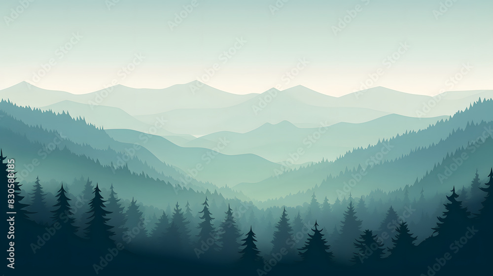 digital green and blue forested landscape with mountains graphics poster background