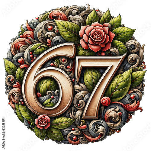 Ornate Number 67 (sixty seven) with Floral Pattern and Vintage Aesthetic Isolated (cut) background photo