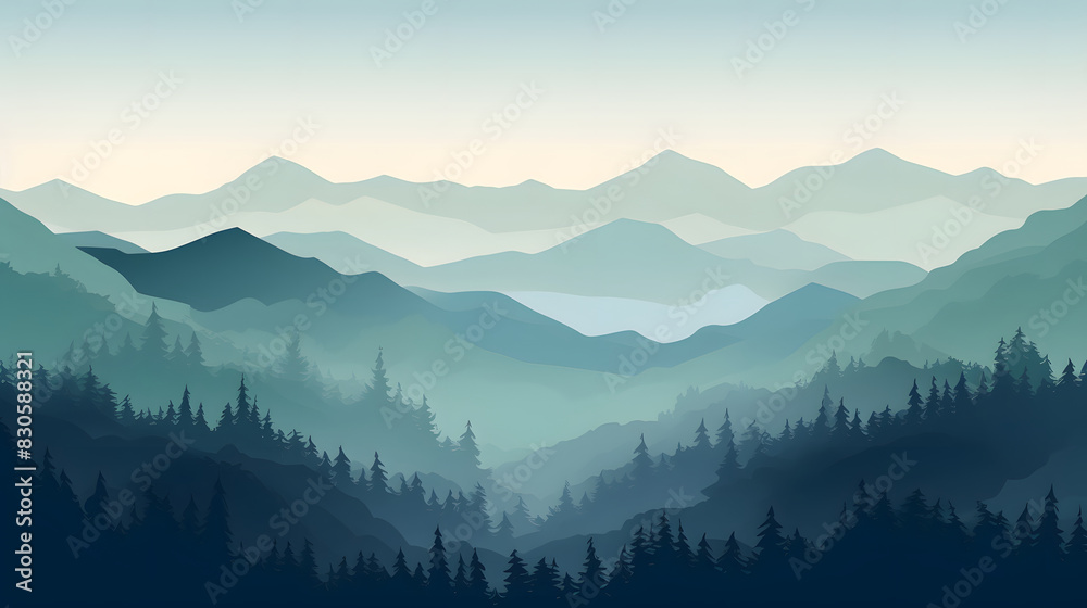 Obraz premium digital green and blue forested landscape with mountains graphics poster background