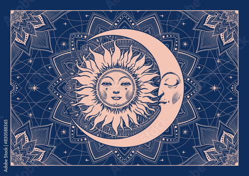 Celestial astrology banner, mandala with sun and moon, magical tarot tattoo, vector heavenly poster for print, card, packaging. Modern hand drawn illustration.
